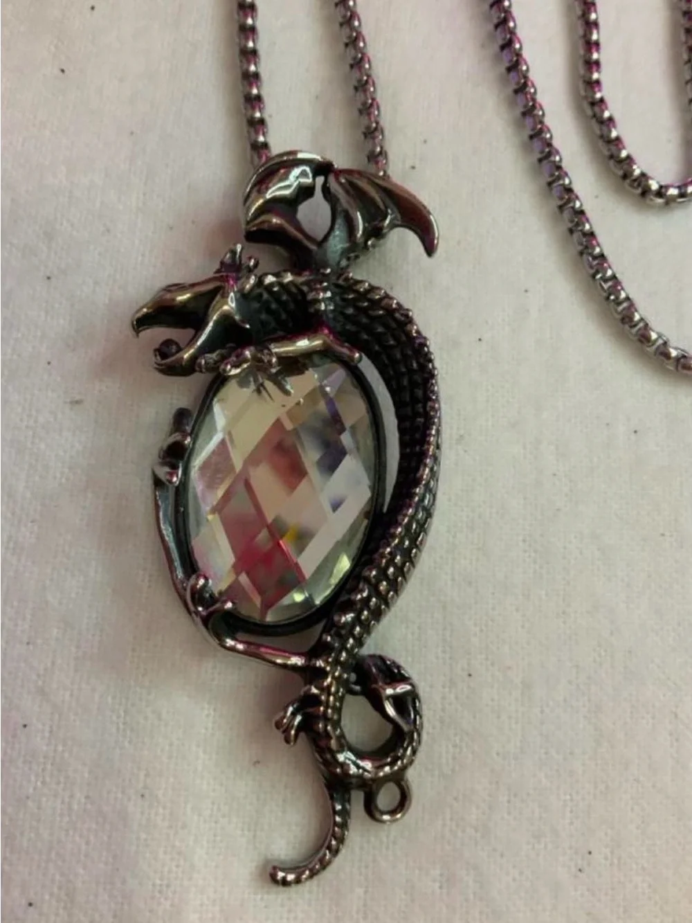 Dragon Crystal Pendant Necklace - Stainless Steel with Large Crystal (Z-2)